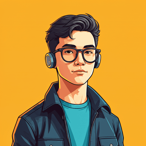 A stylized, flat 2D vector illustration of a young male software developer looking confident. The style is neobrutalist with thick black outlines, bold colors, and an urban tech aesthetic.